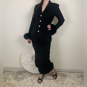 •SOLD ON DEPOP•VTG Black Skirt Suit With Fur Trim